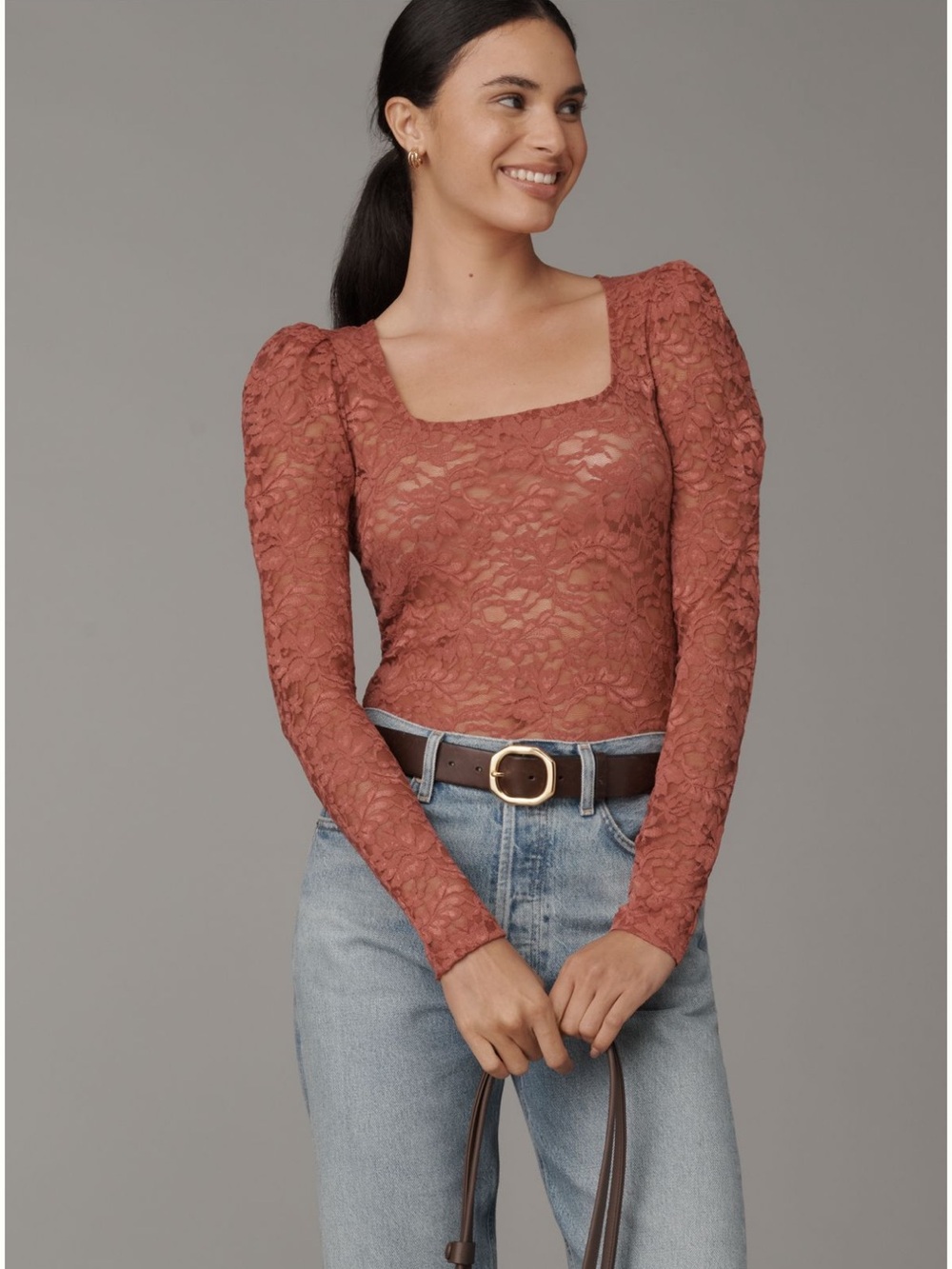 Anthropologie Effortless Regency Puff-Sleeve Sheer Long Sleeve Lace Top Size XS